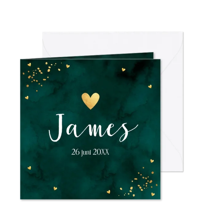 Geboortekaartje jongen groen goudlook hartjes