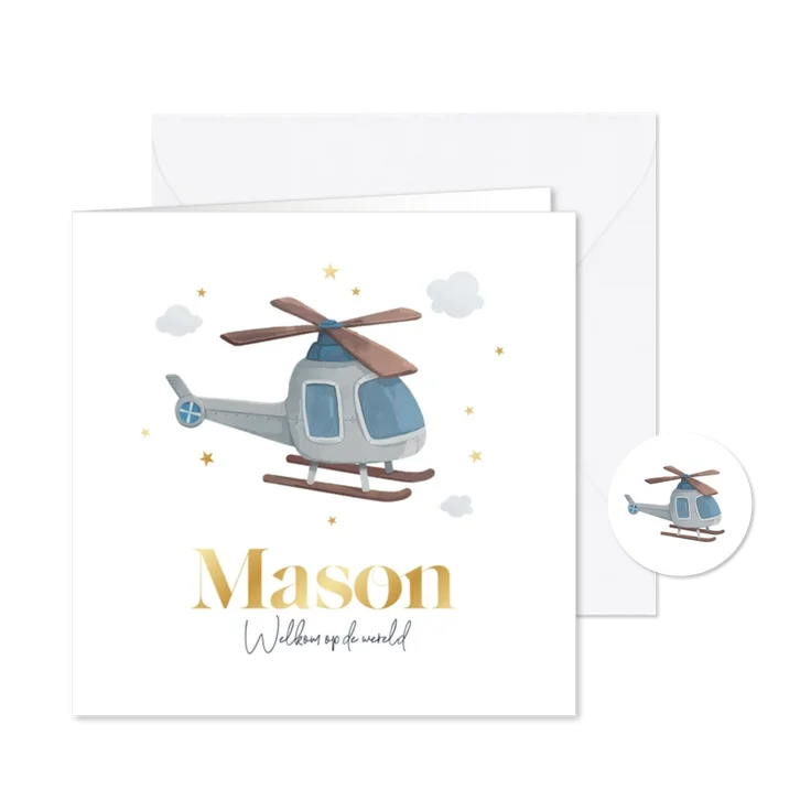 Geboortekaartje jongen helikopter sterren goud