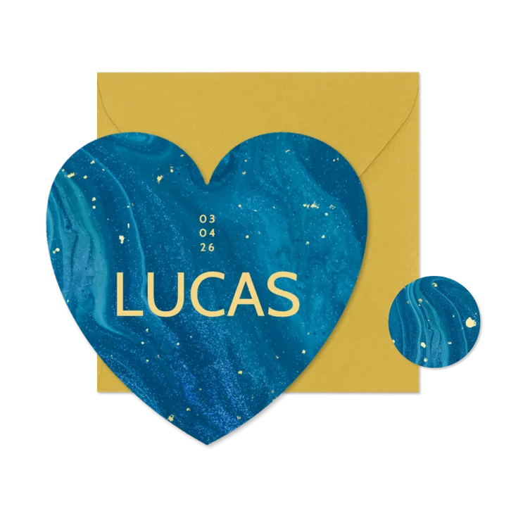 Geboortekaartje jongen in hart vorm met blauw marmer