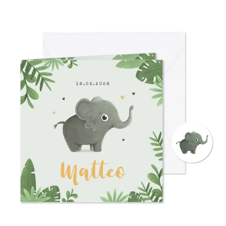 Geboortekaartje jongen jungle dier olifant hartjes