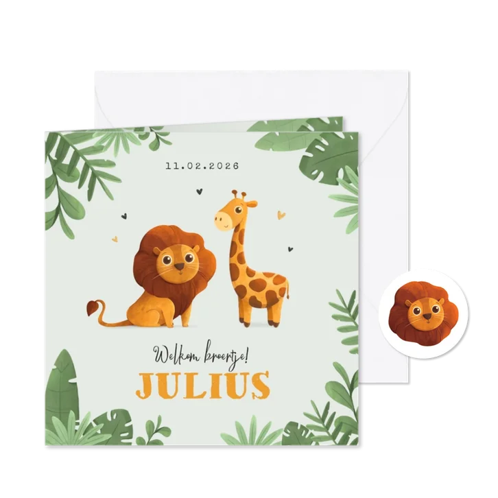 Geboortekaartje jongen jungle dieren leeuw giraf broertje