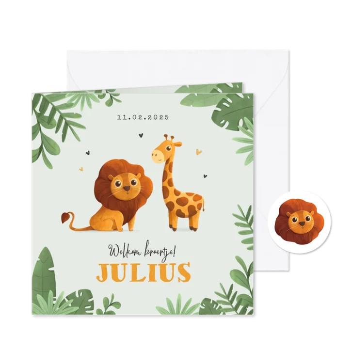 Geboortekaartje jongen jungle dieren leeuw giraf broertje