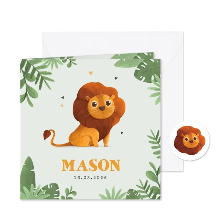 Geboortekaartje jongen leeuw jungle dieren hartjes