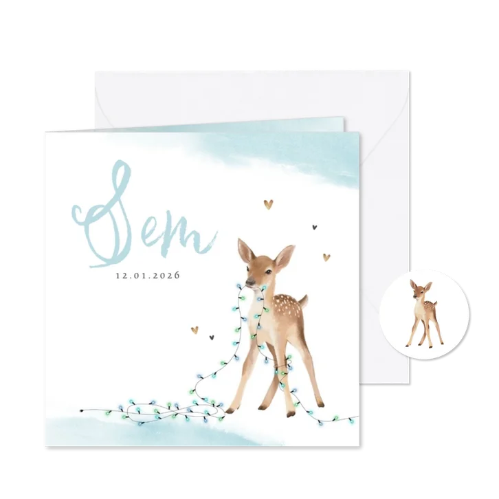 Geboortekaartje jongen lief hertje lampjes winter waterverf