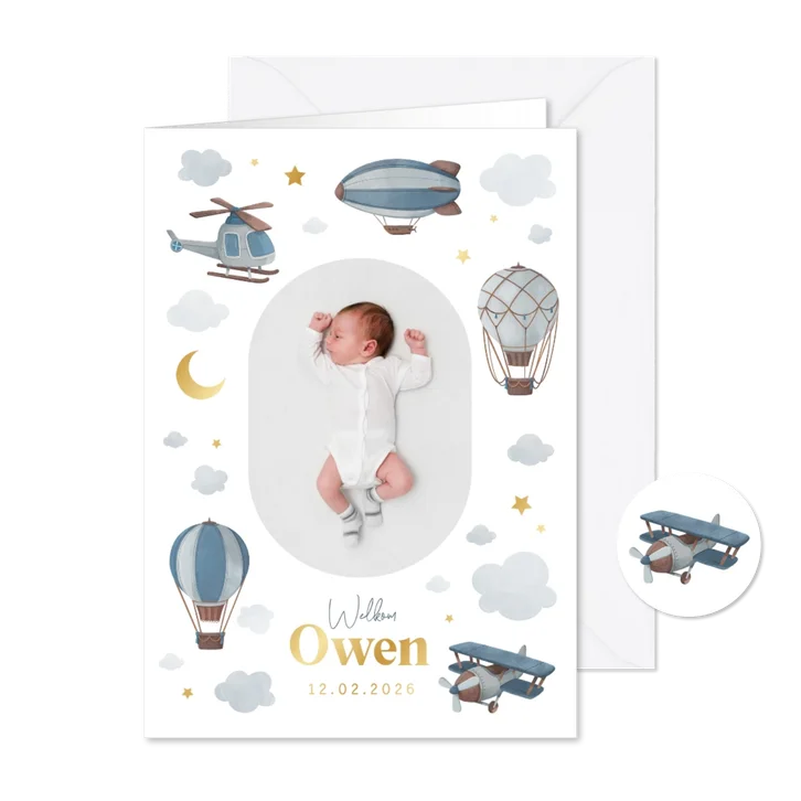 Geboortekaartje jongen luchtvaartuigen wolken maan sterren