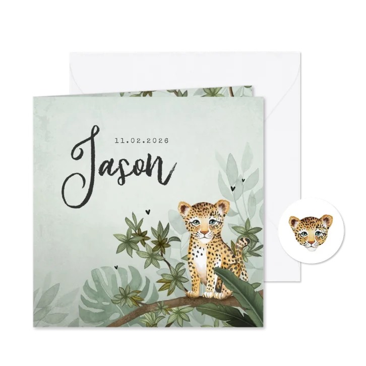 Geboortekaartje jongen luipaard botanisch groen jungle