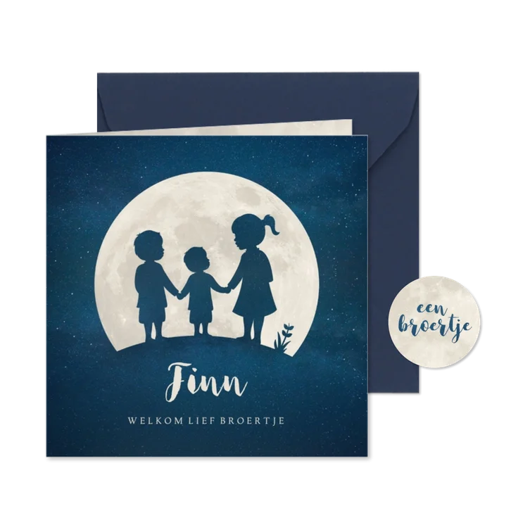 Geboortekaartje jongen Maan met silhouet van 3 kinderen 