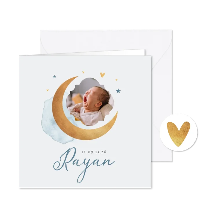 Geboortekaartje jongen maan sterren foto waterverf