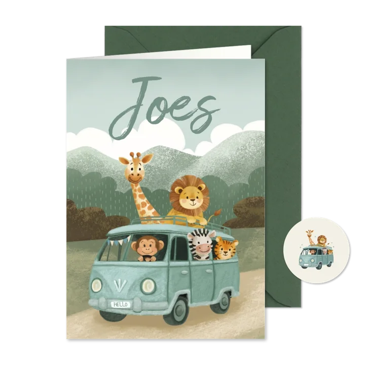 Geboortekaartje jongen met dieren in een busje