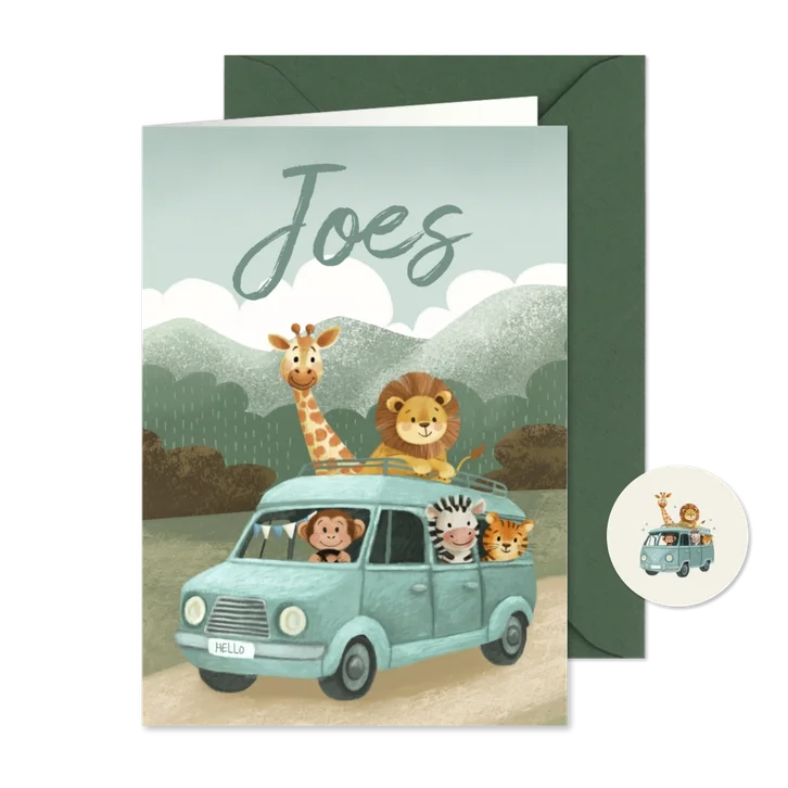 Geboortekaartje jongen met dieren in een busje