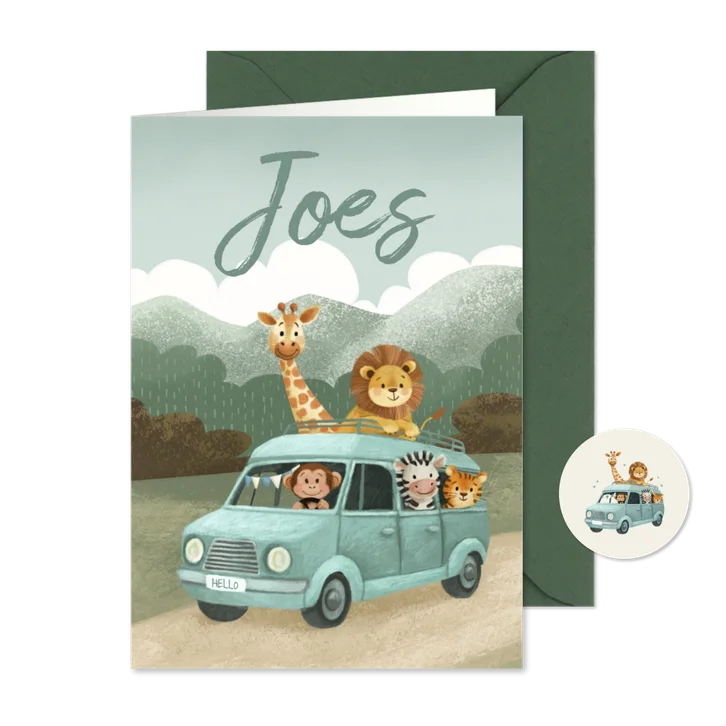 Geboortekaartje jongen met dieren in een busje