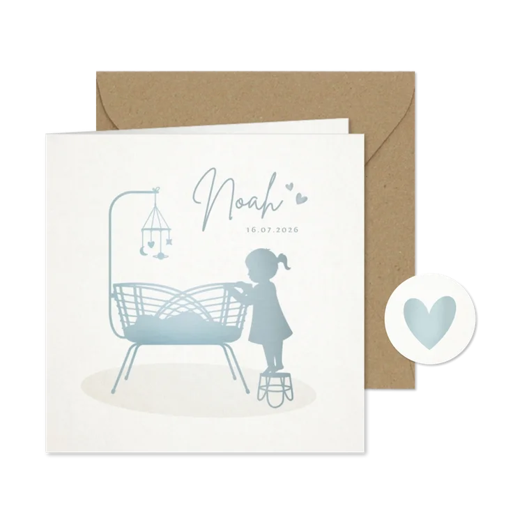 Geboortekaartje jongen met grote zus bij rotan wiegje