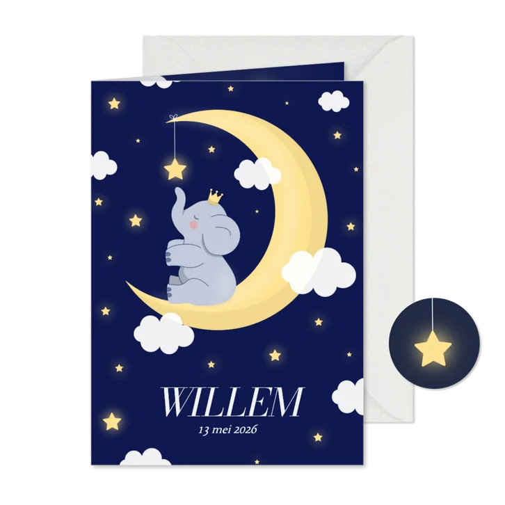  Geboortekaartje jongen met olifantje op maan met sterretjes