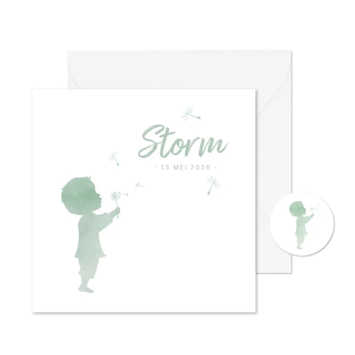 Geboortekaartje jongen met paardenbloem waterverf silhouet