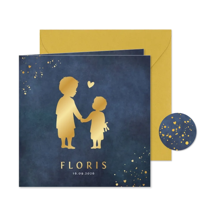 Geboortekaartje jongen met silhouet van 2 broers in goud