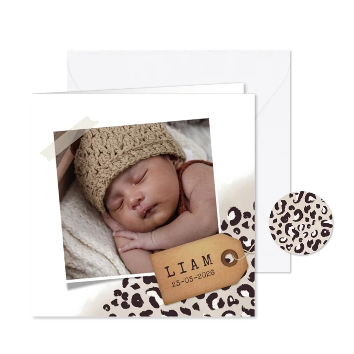 Geboortekaartje jongen met taupe panterprint en foto
