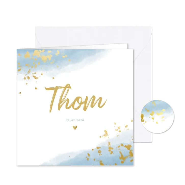 Geboortekaartje jongen met waterverf en gouden spetters