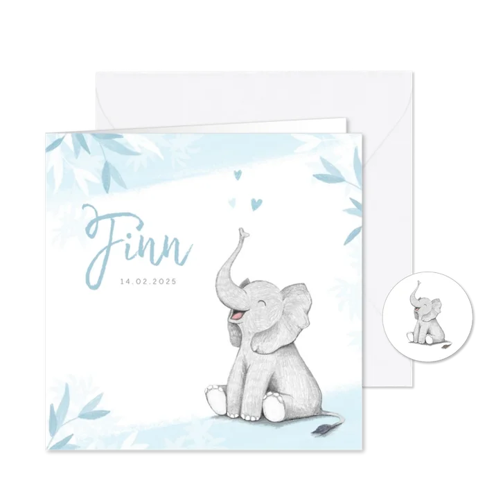 Geboortekaartje jongen olifant dieren blauw illustratie