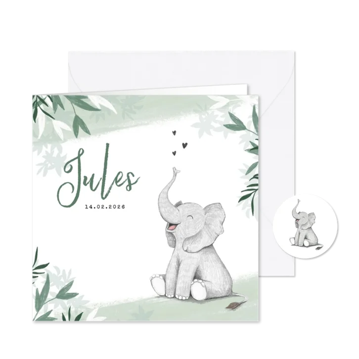 Geboortekaartje jongen olifant dieren groen jungle