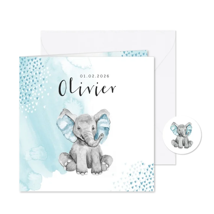 Geboortekaartje jongen olifant waterverf hartjes blauw