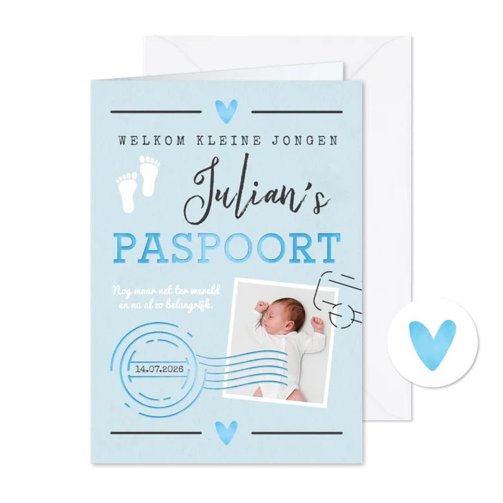 Geboortekaartje jongen paspoort made with love stempels