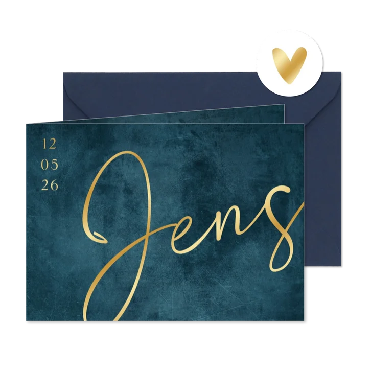 Geboortekaartje jongen petrol blauw stoer stijlvol goud