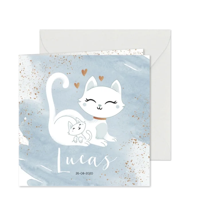 Geboortekaartje jongen poesje kat kitten waterverf