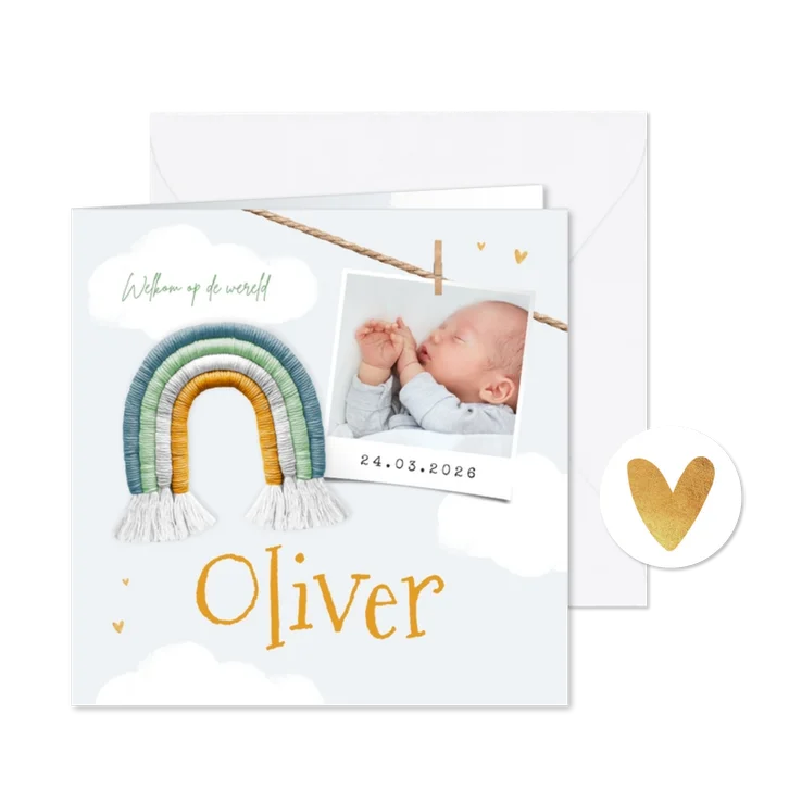 Geboortekaartje jongen regenboog foto hartjes wolken