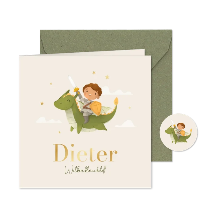 Geboortekaartje jongen ridder draak sprookje sterren