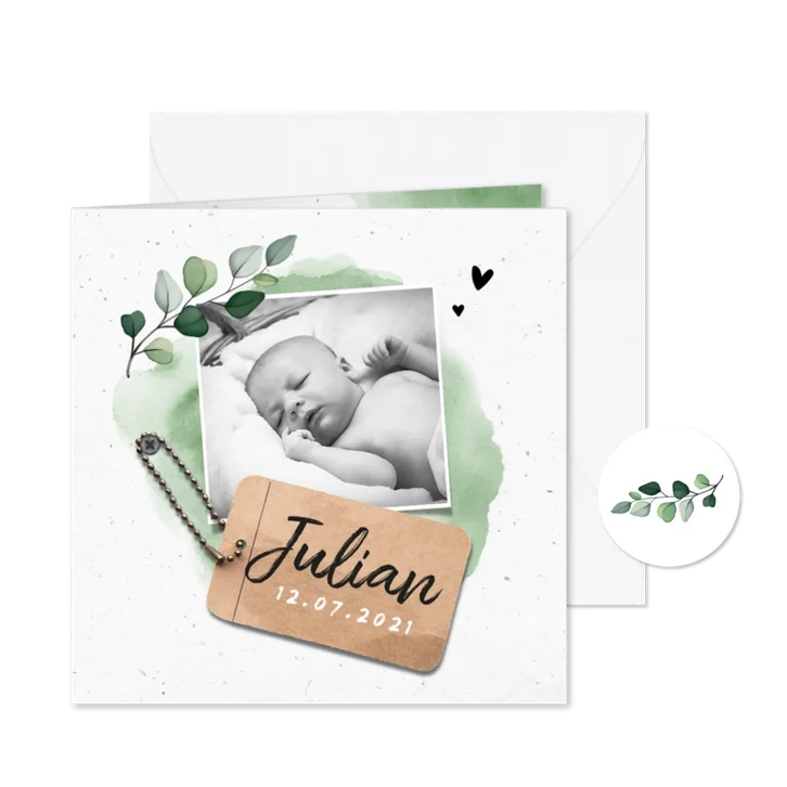Geboortekaartje jongen stoer lief met waterverf en label