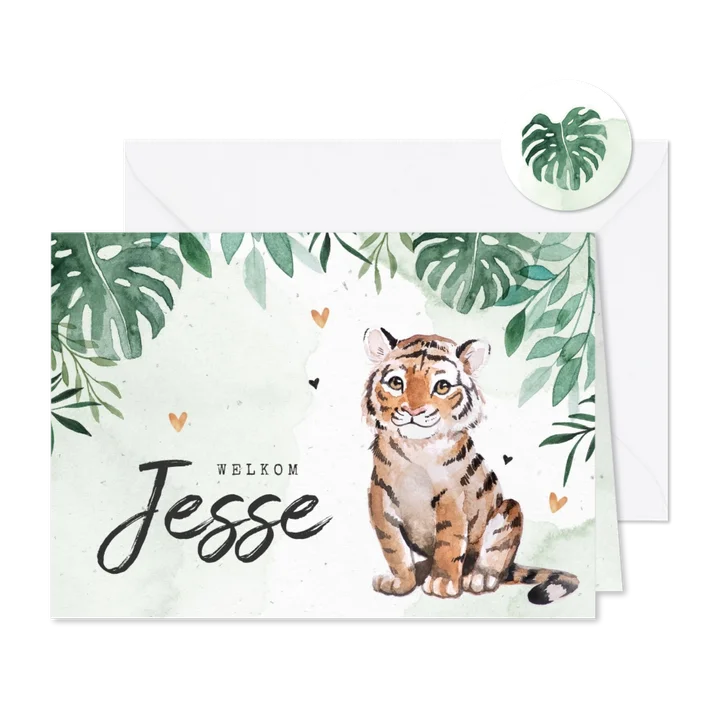 Geboortekaartje jongen tijgertje botanisch groen waterverf