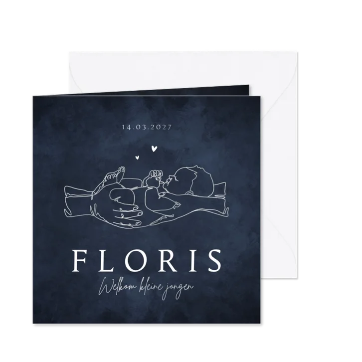 Geboortekaartje jongen trend line art baby hartjes voetjes