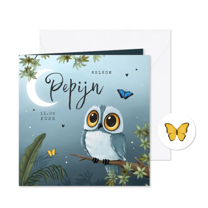 Geboortekaartje jongen uil nachtvlinders jungle boom sterren