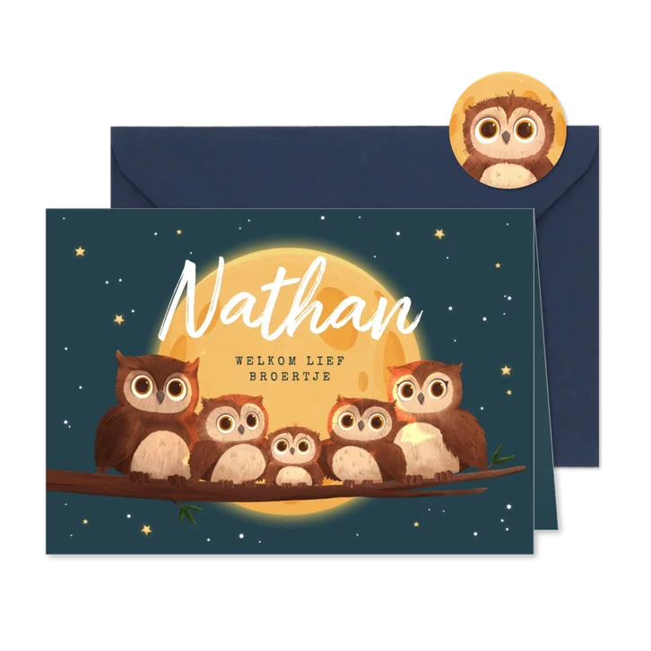 Geboortekaartje jongen uilen familie dieren maan derde kind