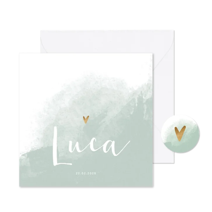 Geboortekaartje jongen waterverf met gouden hartje