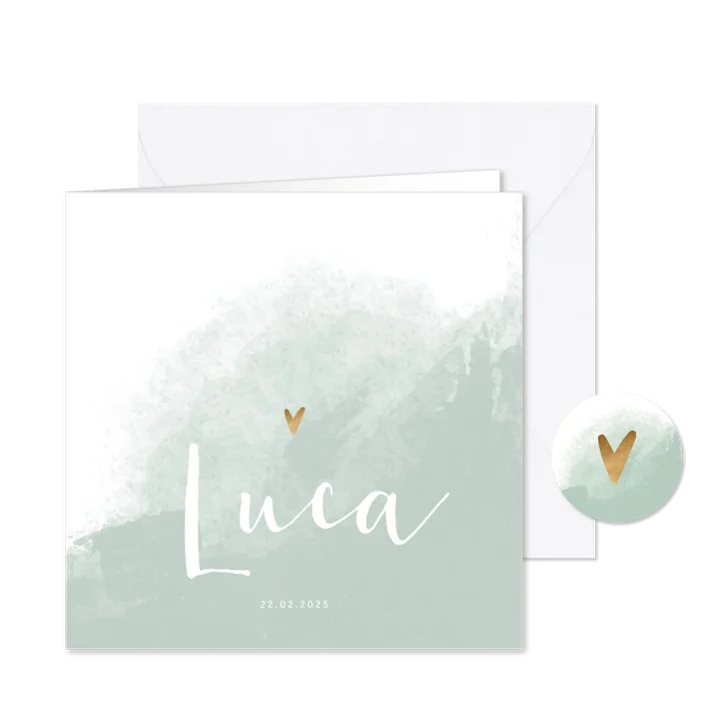 Geboortekaartje jongen waterverf met gouden hartje