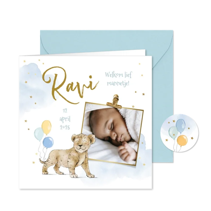 Geboortekaartje jongen welpje ballonnen watercolor foto goud