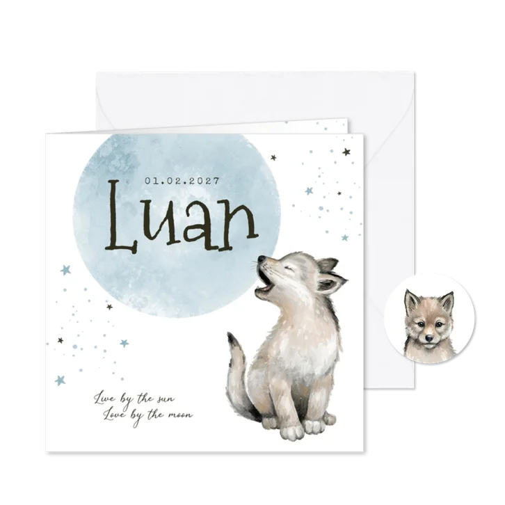 Geboortekaartje jongen wolf sterretjes maan waterverf