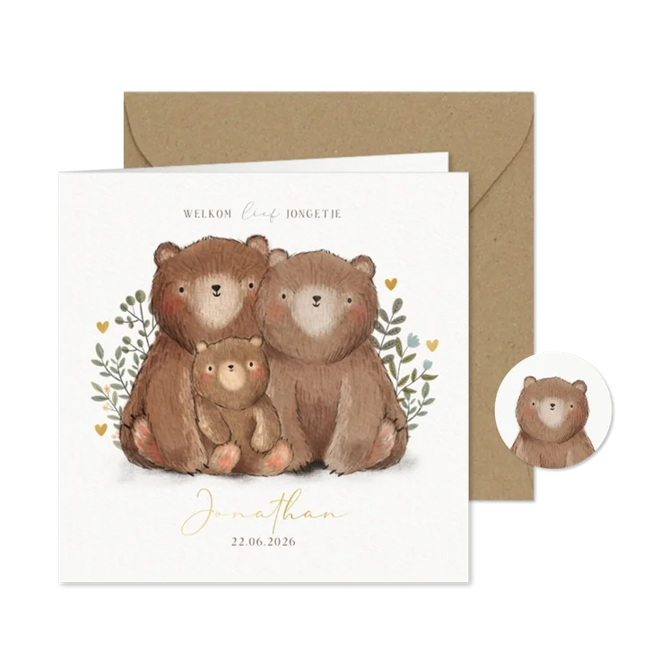 Geboortekaartje jongetje berenfamilie plantjes & hartjes
