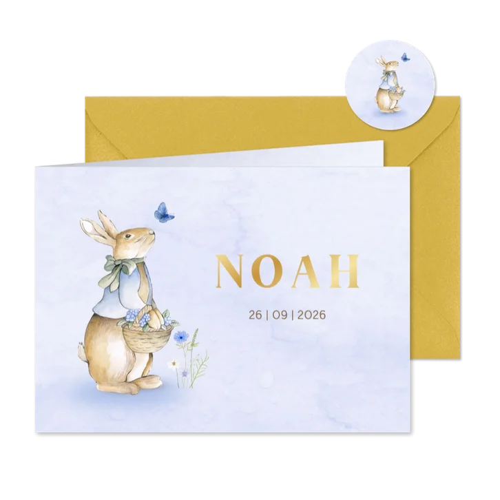 Geboortekaartje jongetje met vintage konijntje met bloemen