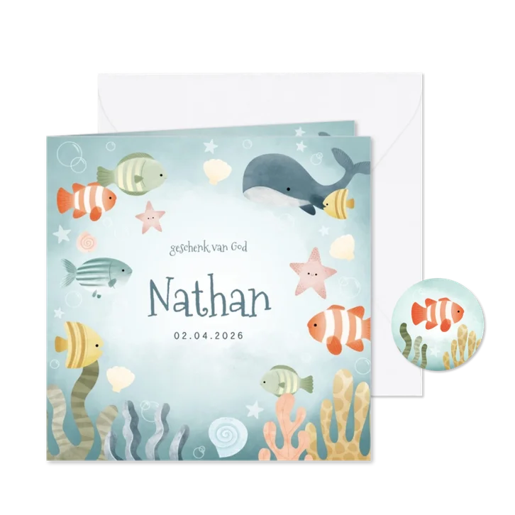Geboortekaartje jongetje met visjes, walvis, oceaan sterren
