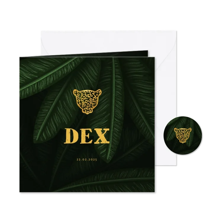 Geboortekaartje jungle bladeren met panter silhouet goud