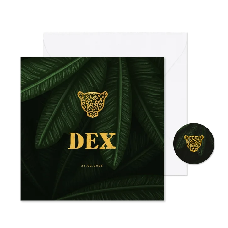 Geboortekaartje jungle bladeren met panter silhouet goud