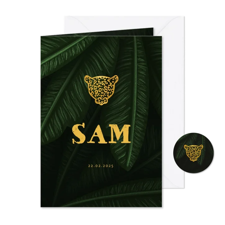 Geboortekaartje jungle bladeren met silhouet panter goud