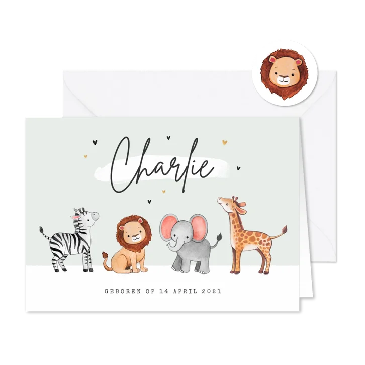 Geboortekaartje jungle dieren olifant zebra giraf leeuw 