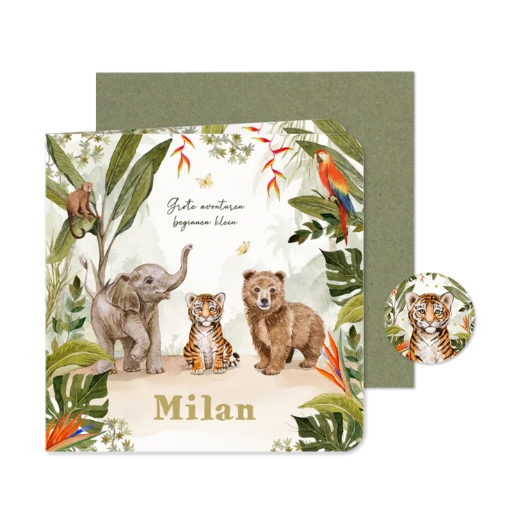 Geboortekaartje jungle dieren schattig waterverf illustratie