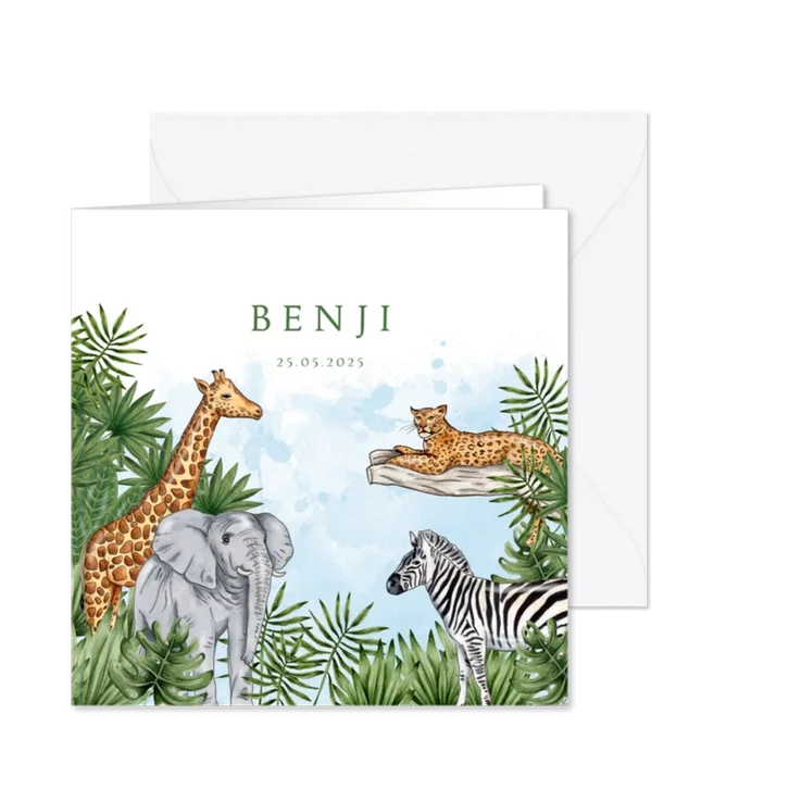Geboortekaartje jungle dieren waterverf blauw