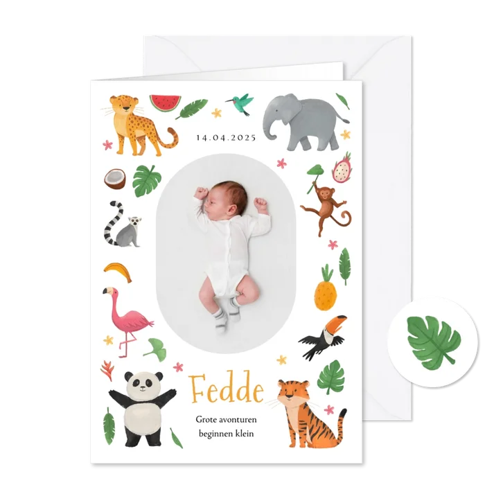 Geboortekaartje jungle dieren waterverf foto hip