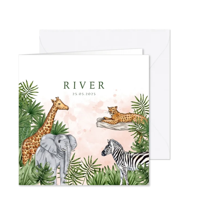 Geboortekaartje jungle dieren waterverf roze