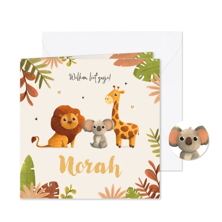 Geboortekaartje jungle leeuw koala giraf derde kindje meisje